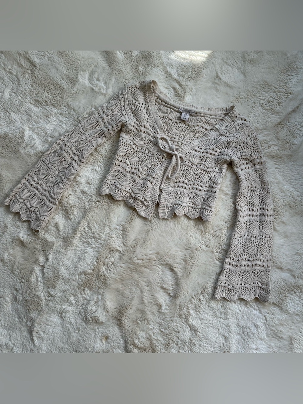 Cottagecore Cream Crochet Tie-Front Women's Sweater Cardigan